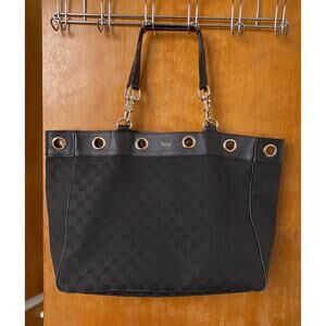Gucci Black GG Monogram Canvas and Leather Positano Tote Gold Hardware